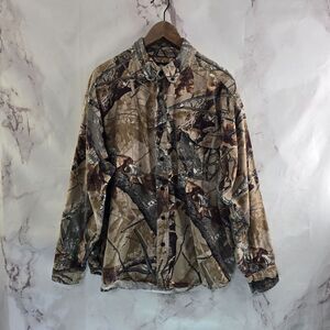 Outfitters Ridge Shirt Men XL Camo Woodland Button Up Fusion 3D Long Cotton
